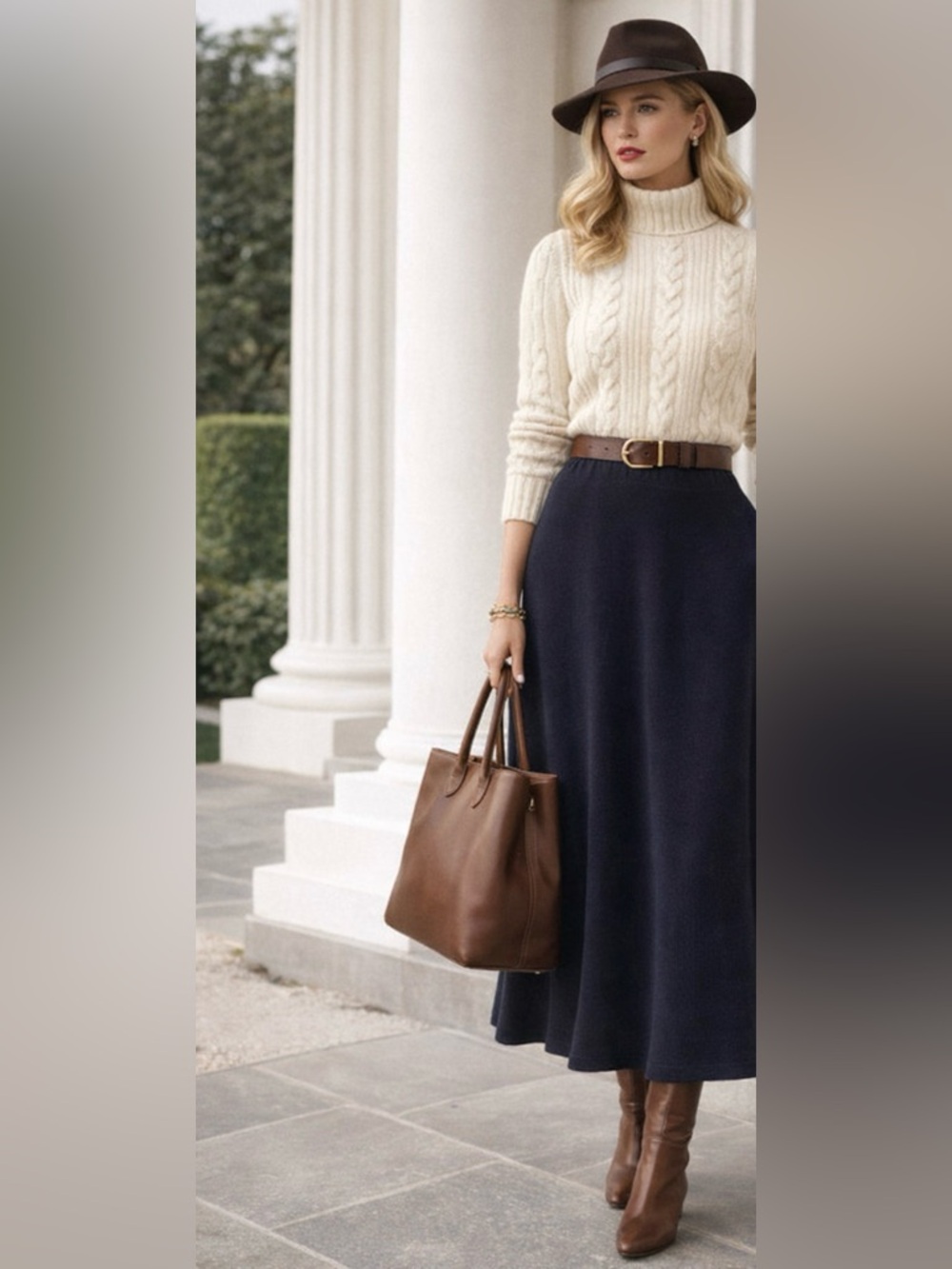 Navy A-Line Midi Skirt Knit Stretchy Elastic Waist Classic Preppy